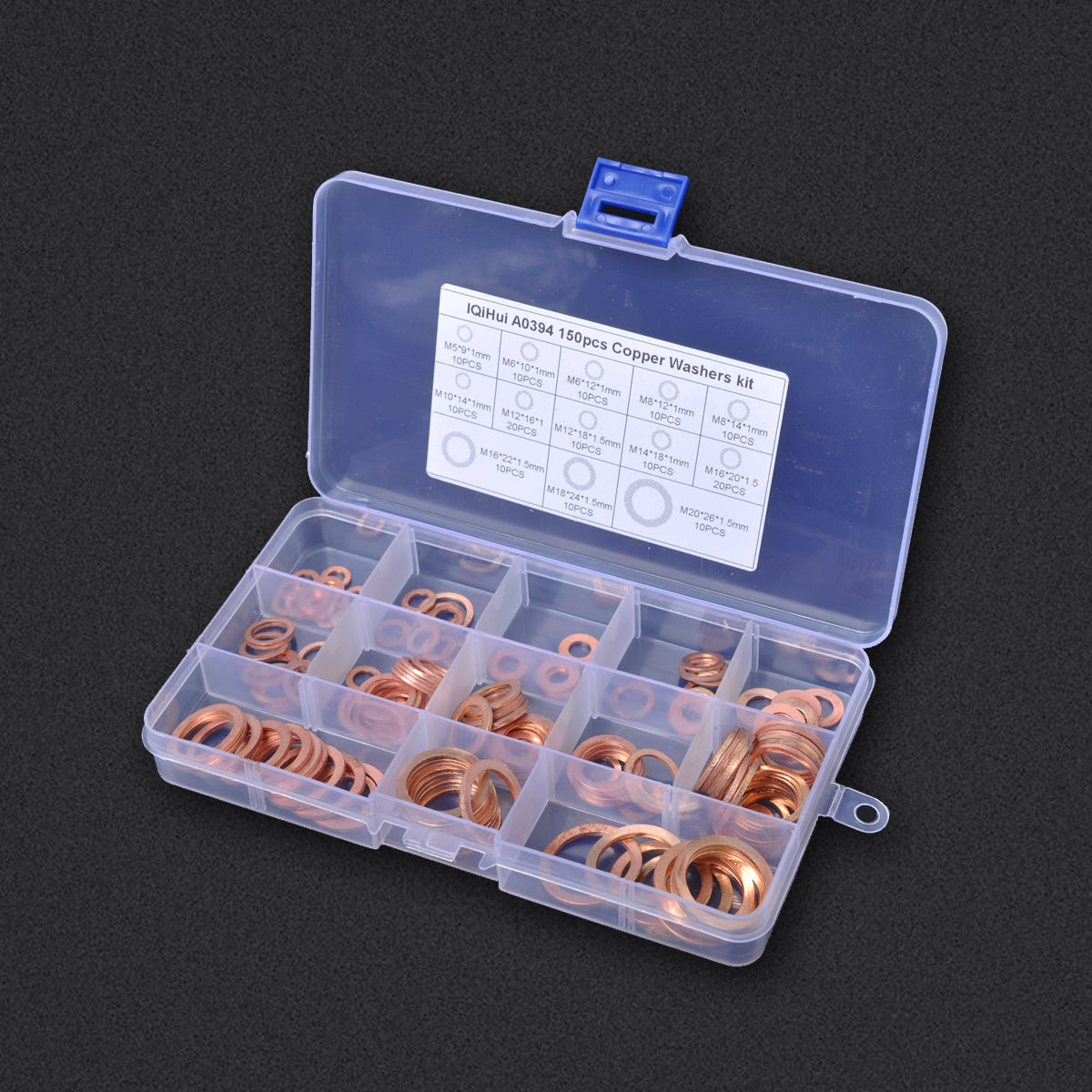 A0394 150Pcs / Set Copper Sealing Washers Flat Rings Gaskets with Plastic Box A0394 150Pcs / Set Copper Sealing Washers Flat Rings Gaskets with Plastic Box